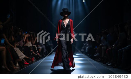 Female model walking the runway at a fashion show (Generative AI) 102849480