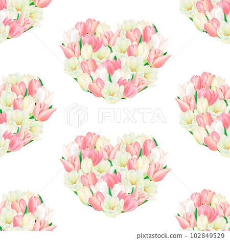 Watercolour drawing rapport of beautiful heart-shaped white and pink tulips on white background. Hand-drawn luxurious flowers. High quality illustration for fabrics, textile printing, stamps, wrapping 102849529