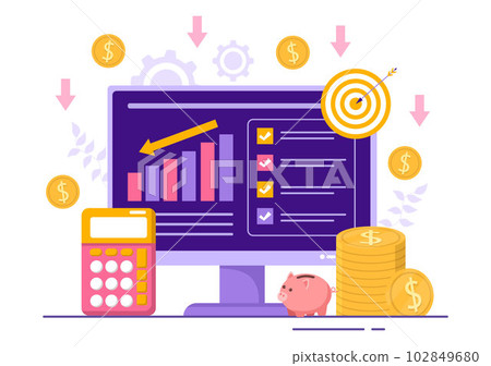 Cost Reduction Vector Illustration with Decrease, Price Minimising or Falling Rate of Profit in Business Flat Cartoon Hand Drawn Templates Cost Reduction Vector Illustration with Decrease, Price Minimising or Falling Rate of Profit in Business Flat Cartoon Hand Drawn Templates 102849680