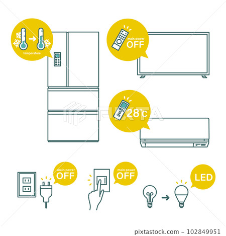 Summer power saving home appliance illustration set (refrigerator, TV, air conditioner, etc.) 102849951