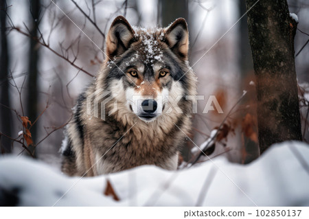 winter forest and wild wolves 102850137