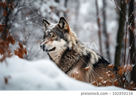 winter forest and wild wolves 102850138