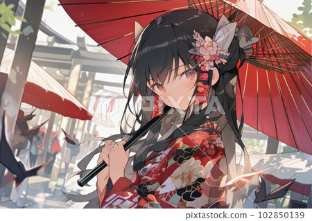 Japanese beautiful girl holding a Japanese umbrella 102850139