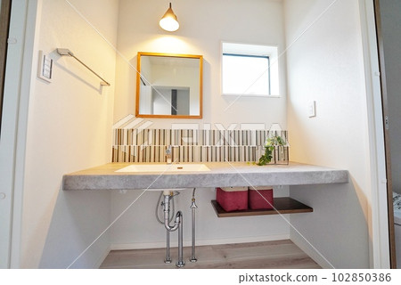 A washbasin with a large counter in a new house 102850386