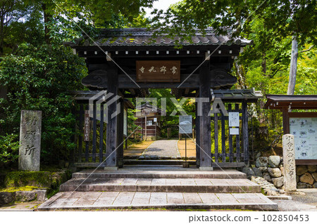 Summer in Kyoto Saga-Arashiyama Jojakko-ji temple gate surrounded by lush greenery Summer in Kyoto Saga-Arashiyama Jojakko-ji temple gate surrounded by lush greenery 102850453