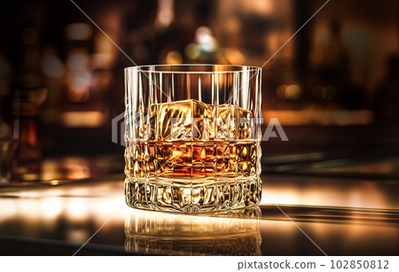 Glass of whiskey with ice cubes on a bar counter in a nightclub Glass of whiskey with ice cubes on a bar counter in a nightclub 102850812