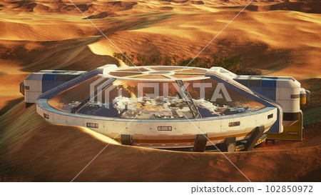 Remarkable glass orb construction situated in a desolate terrain 102850972