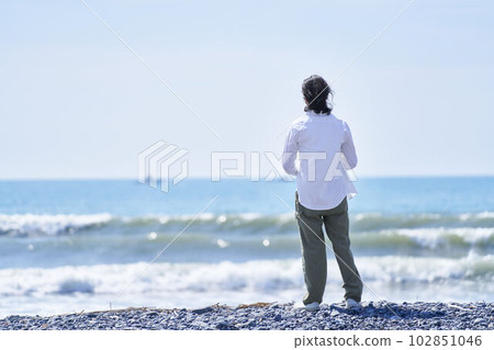 Back view of a man looking at the sea 102851046