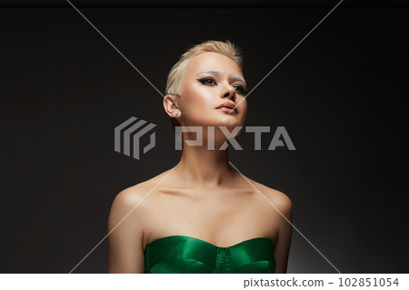 portrait of Short Hair Beautiful young woman with white snow brows 102851054