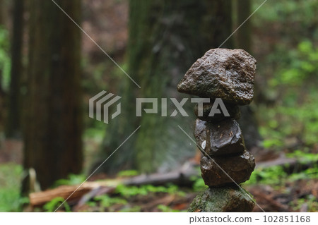 通過在森林中堆積鵝卵石而製成的石標 102851168