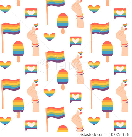 Seamless pattern with LGBT symbols. Vector illustration. Flat style. LGBT print. Pride month. Seamless pattern with LGBT symbols. Vector illustration. Flat style. LGBT print. Pride month. 102851326
