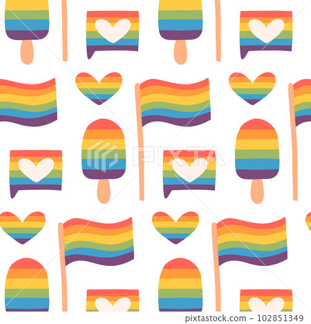 Seamless pattern with LGBT hearts, flag, ice cream. Vector illustration. Flat style. LGBT print. Pride month. Seamless pattern with LGBT hearts, flag, ice cream. Vector illustration. Flat style. LGBT print. Pride month. 102851349