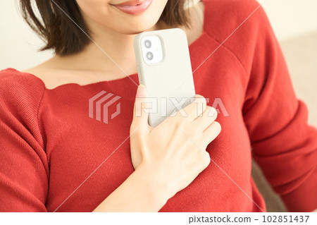 Young woman in plain clothes, living room, smartphone Young woman in plain clothes, living room, smartphone 102851437