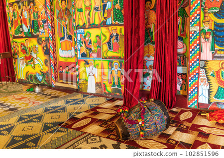 Religious drum inside in monastery on Lake Tana, Ethiopia Africa 102851596