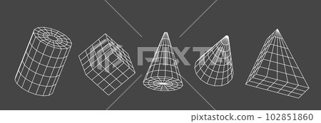 Wireframe geometric shapes 3d render. Abstract digital objects from line grid. Polygonal figures of cylinder, cube box, cone, triangle, isolated outline graphic elements, icons set. 3D illustration 102851860