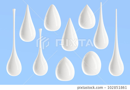 White cream drops, cosmetics beauty skin care product isolated on blue background, milk, lotion, soap or shampoo, falling droplets with liquid texture, realistic 3d render icons set. 3D illustration White cream drops, cosmetics beauty skin care product isolated on blue background, milk, lotion, soap or shampoo, falling droplets with liquid texture, realistic 3d render icons set. 3D illustration 102851861
