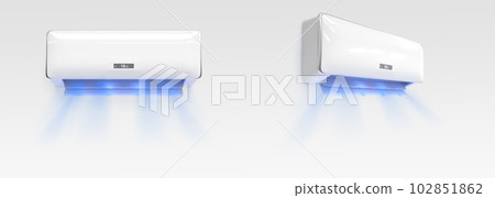 Air conditioner with cold wind waves front and angle view 3d render set. Refreshing conditioning effect. Electronic modern appliance for controlling temperature and climate in room. 3D illustration 102851862