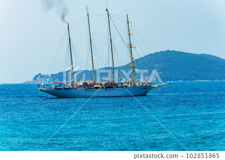 Large Sailing Ship in the Blue Mediterranean Sea - Liguria Italy 102851865