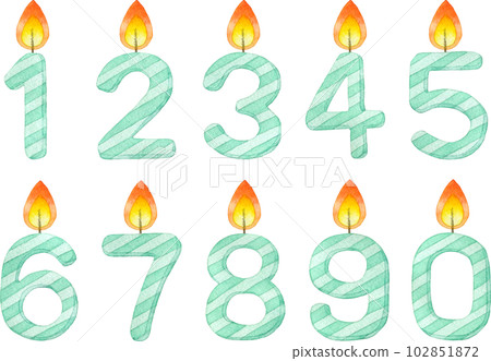 薄荷綠色數字形蠟燭(數位蠟燭)水彩插圖(套裝素材) 薄荷綠色數字形蠟燭(數位蠟燭)水彩插圖(套裝素材) 102851872