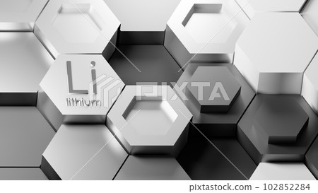3D rendering of hexagonal crystal lattice of Lithium metal. Industrial honeycomb metallic material production background. Realistic grey metal illustration background 102852284
