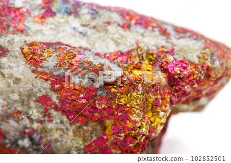 Macro mineral stone Chalcopyrite in the rock on a white background 102852501