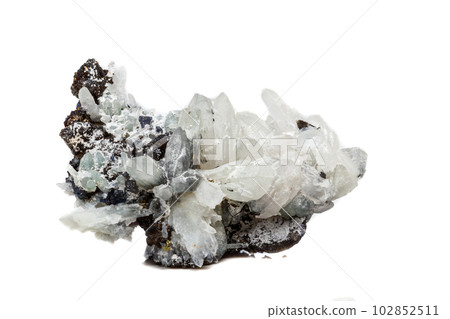 Macro mineral stone Drusus quartz with sphalerite in the rock a white background 102852511