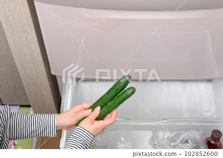 [Housewife taking out a cucumber from the vegetable room] 102852600