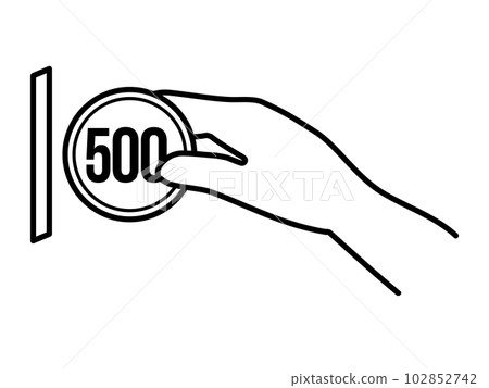 一隻手插入 500 日元硬幣的插圖（黑白） 102852742