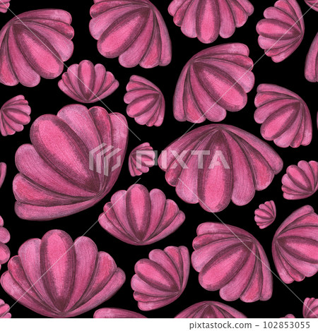 Cute, pink, seashell. watercolor illustration. pattern on a black background.For children's things, clothes, fabrics, postcards, stationery, toys, interior, bed linen, wrapping paper. Cute, pink, seashell. watercolor illustration. pattern on a black background.For children's things, clothes, fabrics, postcards, stationery, toys, interior, bed linen, wrapping paper. 102853055