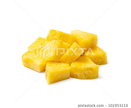 Pineapple Cuts Isolated, Raw Ananas Pieces, Comosus Tropical Fruit Chunks, Ripe Pine Apple Slices on White 102853218