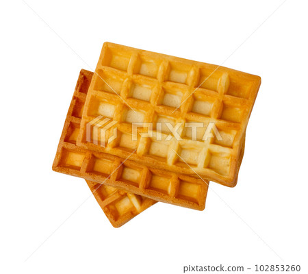 Belgian Waffle Isolated, Square Waffled Cookie, Soft Golden Belgian Waffles, Wafer Biscuit Breakfast 102853260