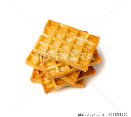 Belgian Waffle Isolated, Square Waffled Cookie, Soft Golden Belgian Waffles, Wafer Biscuit Breakfast 102853261