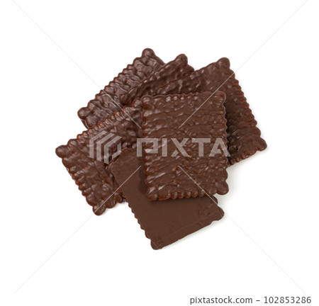 Biscuit Coated in Dark Chocolate Isolated, Square Cookies, Rectangular Shortbread, Crunchy Digestive Cookie 102853286