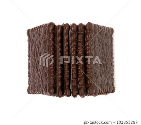 Biscuit Coated in Dark Chocolate Isolated, Square Cookies, Rectangular Shortbread, Crunchy Digestive Cookie Biscuit Coated in Dark Chocolate Isolated, Square Cookies, Rectangular Shortbread, Crunchy Digestive Cookie 102853287
