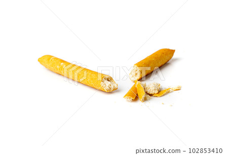 Crumbled Bread Stick Isolated, Broken Breadstick, Grissini, Pretzel Crumbs, Bread Stick on White Background Crumbled Bread Stick Isolated, Broken Breadstick, Grissini, Pretzel Crumbs, Bread Stick on White Background 102853410