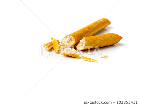Crumbled Bread Stick Isolated, Broken Breadstick, Grissini, Pretzel Crumbs, Bread Stick on White Background Crumbled Bread Stick Isolated, Broken Breadstick, Grissini, Pretzel Crumbs, Bread Stick on White Background 102853411