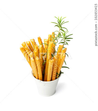 Bread Stick Isolated, Salted Breadstick, Crispy Grissini, Dry Homemade Pretzel, Bread Stick on White 102853415