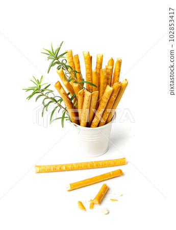 Bread Stick Isolated, Salted Breadstick, Crispy Grissini, Dry Homemade Pretzel, Bread Stick on White 102853417