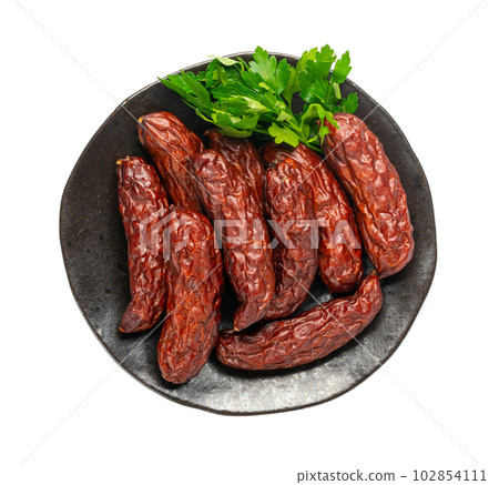Dry Smoked Sausages Isolated, Salami Sticks, Kielbasa, Cabanossi, Kabanos, Dry Embutido, Chorizo, Bratwurst 102854111