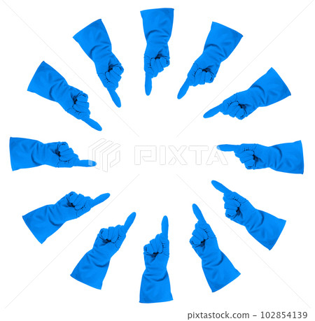 Blue Gloves Set Isolated, Gloved Hands, Protective Rubber Glove Collection on White 102854139