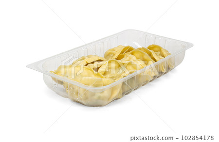 Gyoza Chinese Dumplings in Box Isolated, Vegetable Jiaozi Portion, Chicken Momo Pile, Asian Gyoza Group on White 102854178