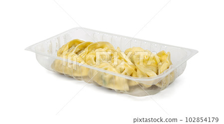 Gyoza Chinese Dumplings in Box Isolated, Vegetable Jiaozi Portion, Chicken Momo Pile, Asian Gyoza Group on White 102854179