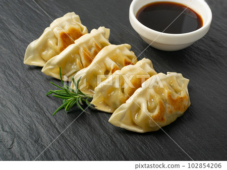 Gyoza Chinese Dumplings, Fried Vegetable Jiaozi, Chicken Momo Pile, Asian Gyoza Group on Black Stone Plate Gyoza Chinese Dumplings, Fried Vegetable Jiaozi, Chicken Momo Pile, Asian Gyoza Group on Black Stone Plate 102854206