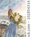 A woman standing with flowers by the sea. Modern Boho Pink Sea with Waves Art Print. Abstract Minimal Background. Bohemian printable wall art, boho poster, pastel abstract art, landscape drawing, sea 102854314