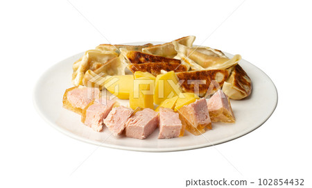 Gyoza Chinese Dumplings, Fried Vegetable Jiaozi with Boiled Potatoes and Canned Meat 102854432