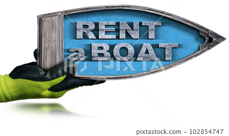 Hand Holding a Small Wooden Boat with Text Rent a Boat 102854747