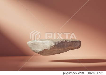 3d presentation pedestal or dais made of stone levitating in pink room illuminated by sunlight 102854775