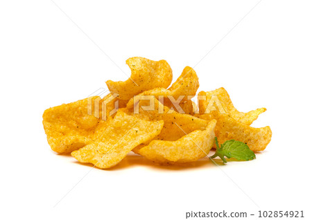 Lentil Chips Isolated, Lentils Crisps, Healthy Orange Snack, Fried Organic Crunchies, Lentil Chips on White 102854921