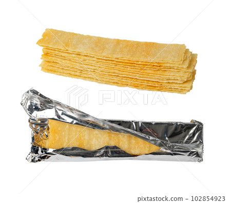 Long Potato Chips Isolated, Crispy Thin Potato Snack Pile, Rectangular Strips Chips, Fast Food Snacks Long Potato Chips Isolated, Crispy Thin Potato Snack Pile, Rectangular Strips Chips, Fast Food Snacks 102854923