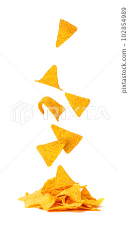 Nachos Chips Isolated, Mexican Triangle Corn Chips for Nacho Tortilla, Maize Snack, Nachos on White Background 102854989
